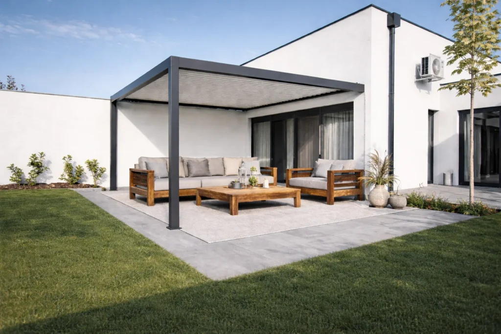 5x4 Falhozrögzíthető Prémium Standard Pergola Fehér Led Világítással - Méretre vágható lábbal (506 cm x 389 cm) Topredőny