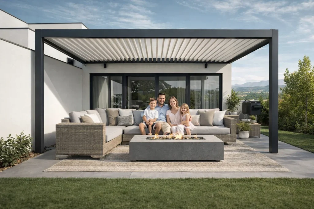 4x4 Falhozrögzíthető Prémium Standard Pergola Fehér Led Világítással - Méretre vágható lábbal (407 cm x 389 cm) Topredőny